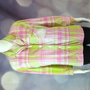 Victoria's Secret S Pink & Green Boyfriend Style Plaid Flannel Button Down Top